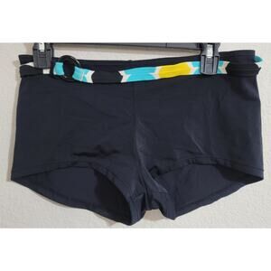 Malibu Black Teal Yellow Cheeky Swim Bottoms Large Belted Lightweight Pull On